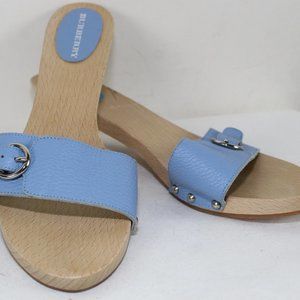 AUTH BURBERRY BLUE LEATHER NOVA CHECK INSOLE WOOD FLIP FLOP SLIDE SANDAL 40 9